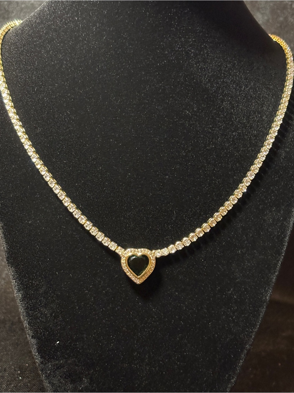 3.2mm Yellow Gold Emerald Green Heart Halo CZ Tennis Necklace 19in. - Picture 4 of 16